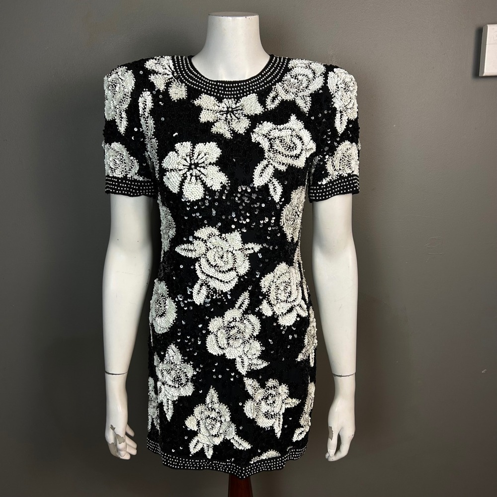 VTG Saks x‎ JOAN LESLIE sequin Evening Dress Size 4 Floral Beaded Sparkle 90s
